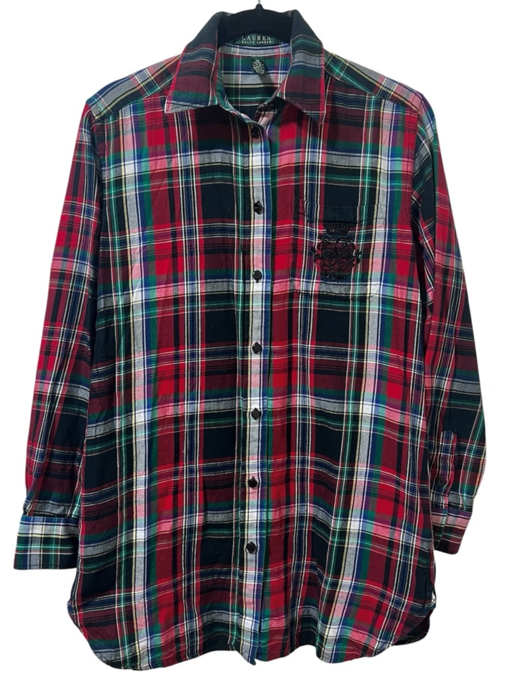 Lauren Ralph Lauren Christmas Tartan Plaid Bejeweled Embroidered Flannel XS Y2K